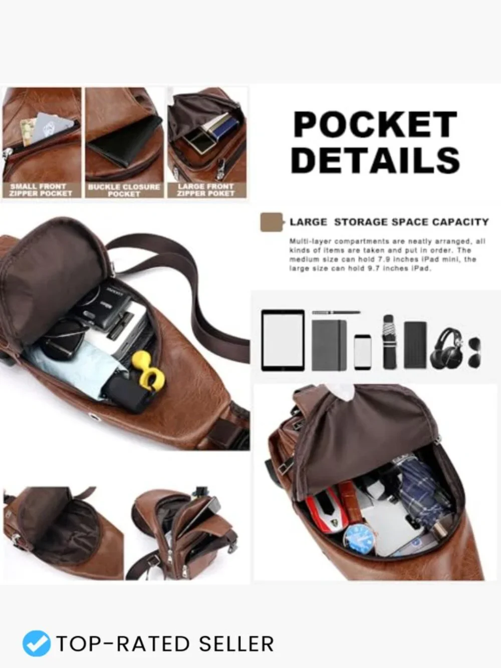 Leather Sling Bag Crossbody Chest Backpack for Men with USB Charge Port Large